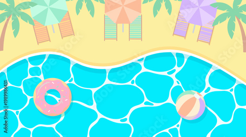 Vibrant Swimming Pool Scene with Inflatables and Palm Trees Top View Desert Oasis