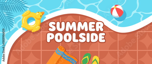 Illustration of a vibrant summer poolside scene with a swimming text overlay