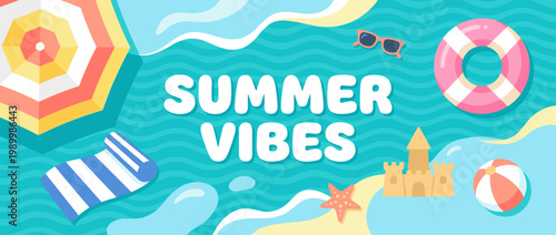 Vibrant illustration of summer beach with accessories and 'Summer Vibes' text