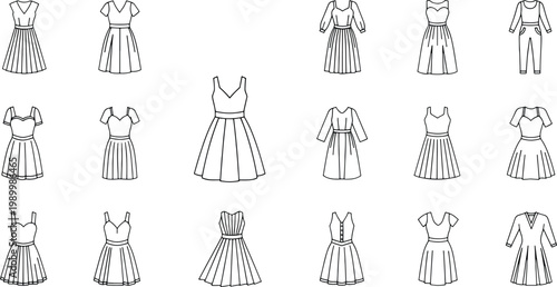 Black and white of female fashion models in dresses and skirts silhouettes