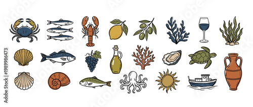 Illustration set of fresh mediterranean food sea creatures and regional elements