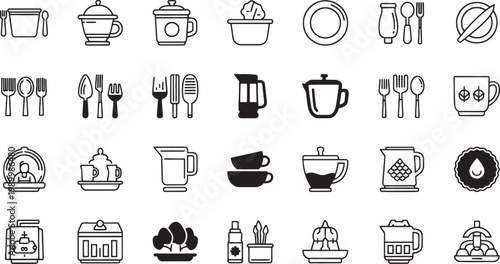 Black and white of household and tools set isolated on white background household tools kitchenware