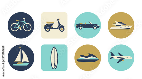 Collection of various transportation icons: bike scooter car yacht sailboat surf jet ski plane