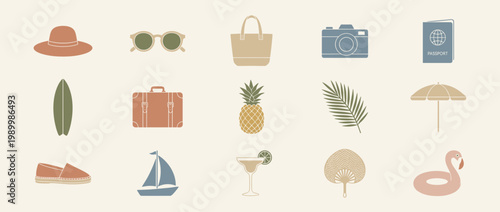 Collection of summer vacation and travel essential items in flat cartoon style