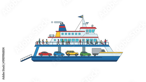 illustration of a ship carrying passengers and transporting cars