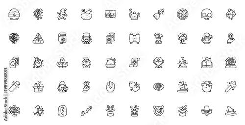 Magic icon set. Vector illustration pack featuring wizard, witch, potion, spell, tarot, skull, crystal, wand and more mystical symbols. Editable stroke.