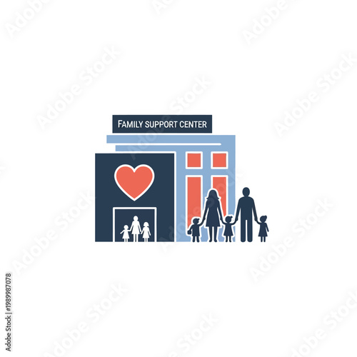 Family Support Center illustration with building and happy family silhouette, promoting community and care