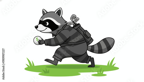 Cartoon Raccoon Playing Golf Carrying Golf Clubs and Ball on a Grassy Field