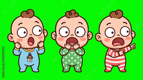 Three Cartoon Babies Expressing Surprise with Open Mouths and Wide Eyes.