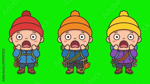Three Cartoon Hikers with Backpacks and Shocked Expressions on Green Background.