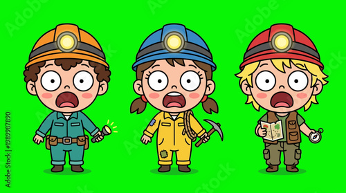 Three Cartoon Miners with Headlamps and Surprised Expressions.