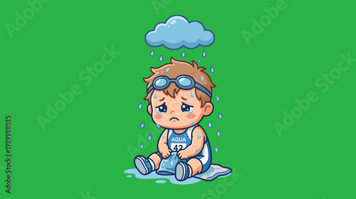 Sad Cartoon Swimmer Sitting in the Rain with Goggles and Tears.