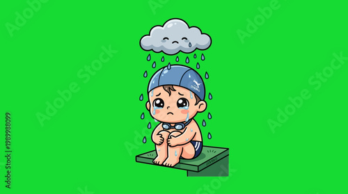 Sad Cartoon Swimmer Under a Rain Cloud Depicting Melancholy and Despair.
