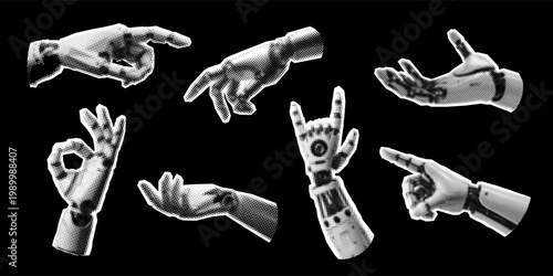 Set of retro futuristic halftone hands and robotic arm gestures. Human and cyber cyborg hands in vintage dithered dot style for cyberpunk design, artificial intelligence and hi-tech technology.
