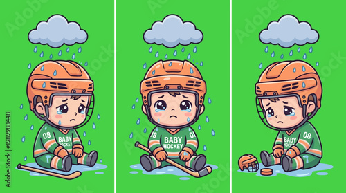Sad Hockey Player Sitting Under the Rain with Tears and Disappointment.