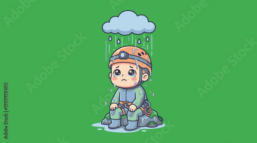 Sad Miner Cartoon Character Sitting Under a Rain Cloud.