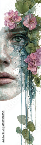 Etherial watercolor floral portrait against a decorative background