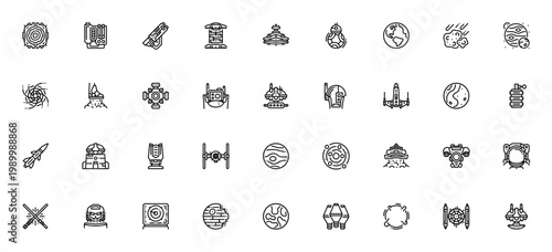 Space War icon set. Vector illustration pack with warp, spaceship, alien, battleship, astronaut, planets, rocket, drone, gun and more. Editable stroke.