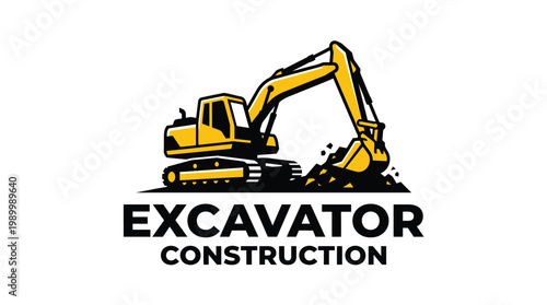 Yellow Excavator Machine Digging Dirt Construction Logo.