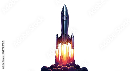 Celebrating China Space Day, a dramatic digital illustration showcases a sleek, metallic rocket launching powerfully against a clean white background, emphasizing aerospace technology