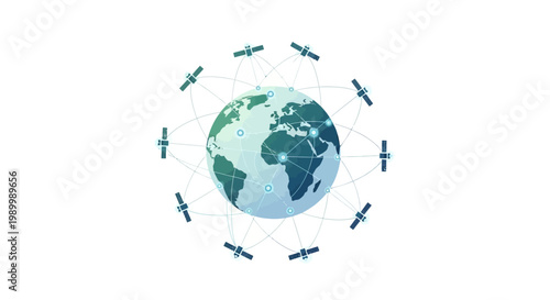 A vector illustration featuring a network of satellites orbiting planet Earth for China Space Day, set against a clean white background with a focus on aerospace technology and global