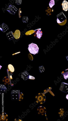 Luxury casino elements falling on black background, seamless loop