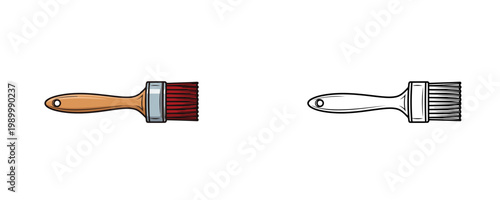 Barbecue basting brush in cartoon and line art styles with brown wooden handle and red bristles used for spreading oil or sauce on food products isolated on white background