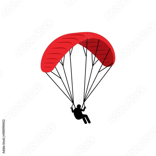 Clean vector icon depicting a paraglider with a vibrant red canopy, capturing the thrill of extreme aerial sports, adventure, and the freedom of flight