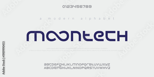 Moontech Creative simple modern urban alphabet font. Digital abstract futuristic, logo, music, sport, minimal technology typography. Simple numeric vector illustration