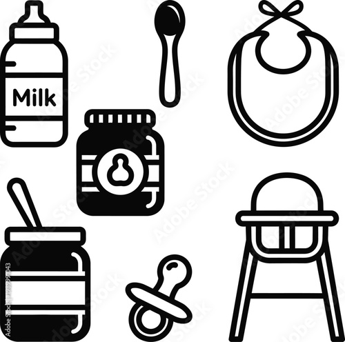 Baby feeding milk bottle jar spoon bib highchair pacifier