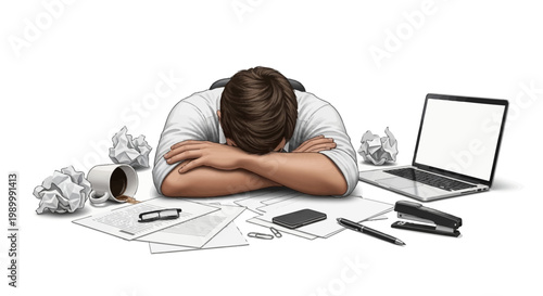 Digital illustration of a man with his head down on a desk surrounded by crumpled papers and a laptop, conveying a feeling of stress and burnout in a brightly lit, white background scene