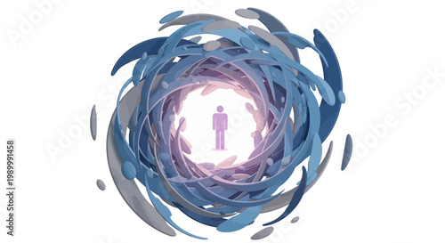 A stylized human figure stands at the center of a swirling vortex of blue and lavender shapes on a clean white background, creating a sense of focus and direction with a bright and ethereal