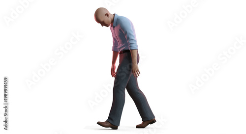 Full-body shot of a bald man with his head down, walking in a blue shirt and dark jeans against a plain white background, conveying a mood of sadness and despair in studio lighting
