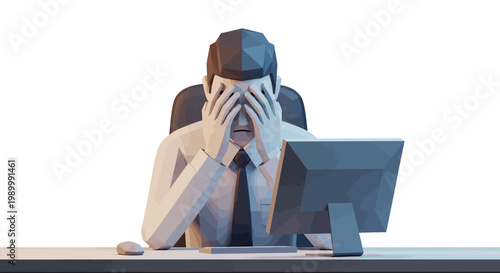 Low-poly 3D rendering shows a frustrated businessman with his hands covering his face while sitting in front of a computer against a white background, conveying a sense of stress