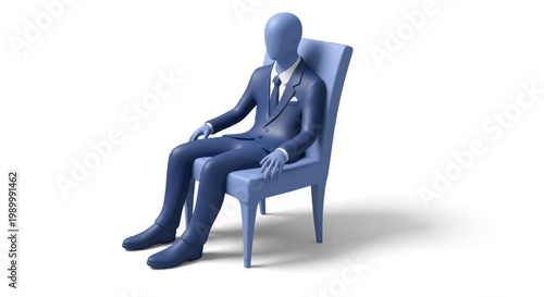 A monochromatic blue mannequin sits formally in a matching chair, wearing a suit and tie in a studio shot against a stark white backdrop that conveys a sense of minimalist corporate