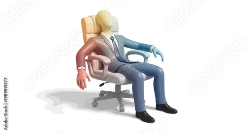 An abstract humanoid figure sits slumped in an office chair with a gradient of warm reds to cool blues, conveying burnout and exhaustion against a stark white background with soft shadows