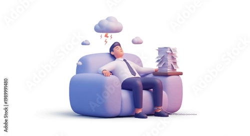 3D rendering of a tired businessman in a relaxed pose on a blue armchair with paperwork on a side table, under stormy cartoon clouds against a clean white background, conveying stress