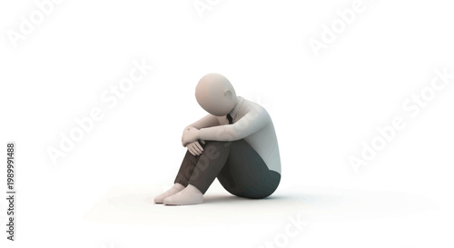 Conceptual illustration of a seated, faceless figure in a gray shirt and dark pants, hugging their knees against a stark white background with soft shadows, evoking a mood of solitude