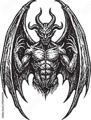 Vintage engraving winged demon illustration with horns and muscular torso. Hand drawn stipple art of a winged devil creature with large wings and pointed horns.