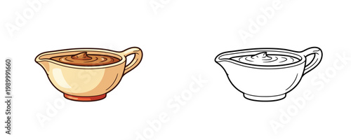 Gravy boat with brown sauce in cartoon and outline styles with cream ceramic body and handle used for serving dips or dressings isolated on clean white background