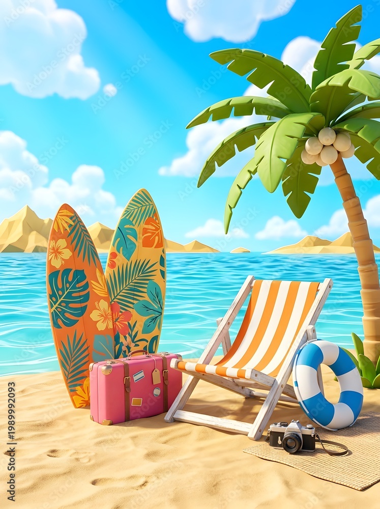 Obraz premium 3D stylized beach vacation illustration featuring floral surfboards, a pink suitcase, striped deck chair, lifebuoy, and camera on sand by blue ocean under sunny sky with palm tree.