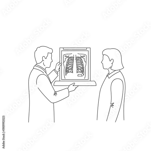 Doctor Explaining Chest X-ray to Patient, Medical Consultation and Diagnosis, Radiology Results Discussion, Healthcare Examination