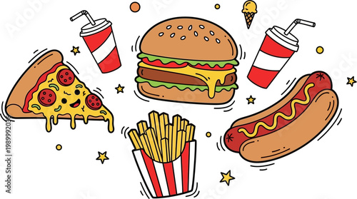 Assorted Fast Food Items and Drinks.