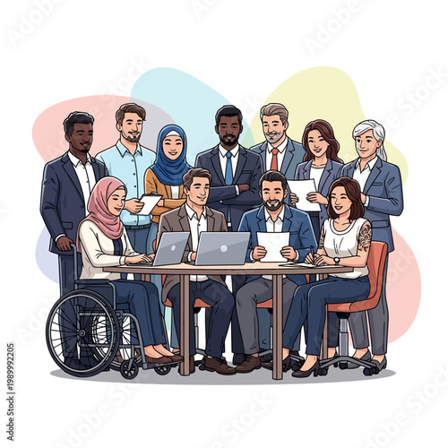 Diverse team of professionals collaborating around a table in a modern office setting, promoting inclusivity and teamwork