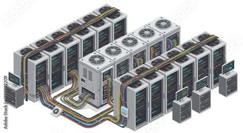 Isometric vector illustration of a database server farm connected by bundles of cables, rendered in a clean, modern style against a white background, conveying a sense of organized