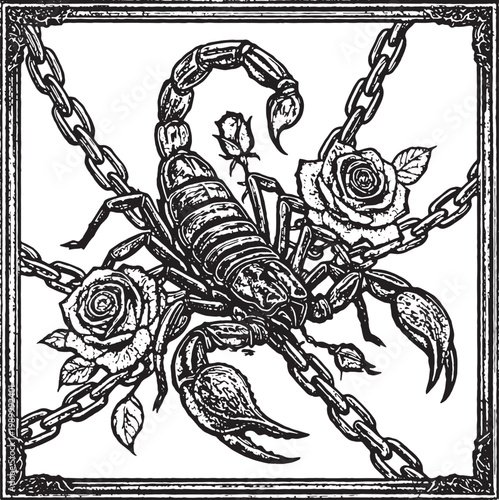 Vintage Scorpion Illustration with Roses and Metal Chains in Engraving Style. Hand-drawn etching of a scorpion entangled in metal chains and blooming roses within a frame.