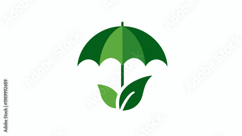 Green umbrella protecting a sprouting leaf, symbolizing environmental care, sustainable growth, and eco-friendly conservation for a healthier planet