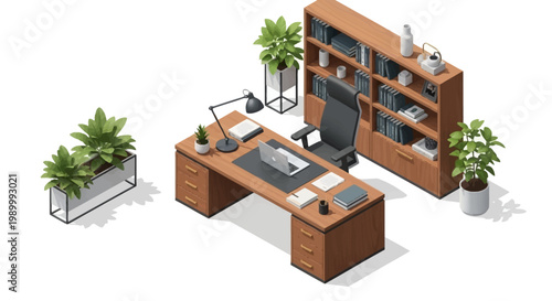 Isometric vector illustration of a tidy office space featuring a wooden desk with a laptop, a bookcase, and potted plants, set against a clean white background in a minimalist style