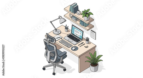 Isometric vector illustration of a tidy home office workstation, featuring a laptop, ergonomic chair, and potted plants, rendered in a minimalist style with a clean white background