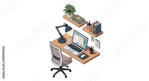 Isometric vector illustration showing an organized office workspace featuring a laptop with graphs, a desk lamp, and shelves with books, all set against a clean white background